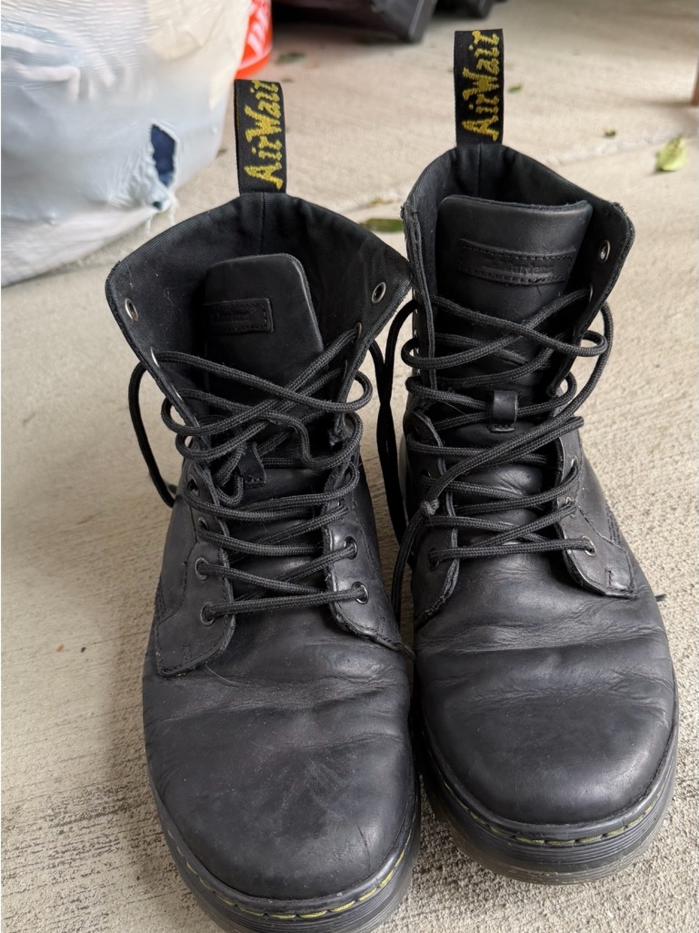 Dr. Martens Black Leather Lace-Up Combat Boots with Yellow Heel Loop